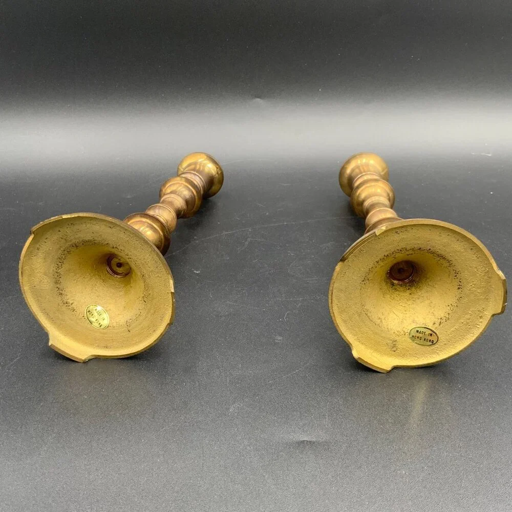 Vintage Pair Of 8.25” Brass Candlestick Holders Mid Century Made In Hong Kong